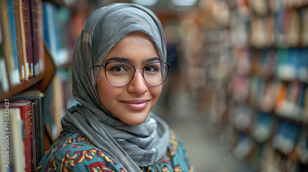 A Smiling Muslim student stands in the library, exuding positivity. A Smiling Muslim student stands in the library, exuding positivity.