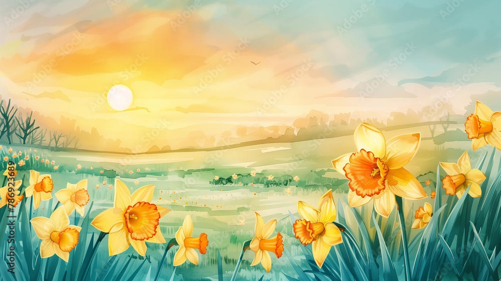 Watercolor banner of a sunrise over a daffodil field, symbolizing new beginnings and hope