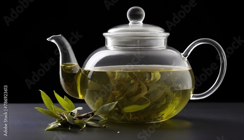 green tea in a beautiful glass pot on black background
