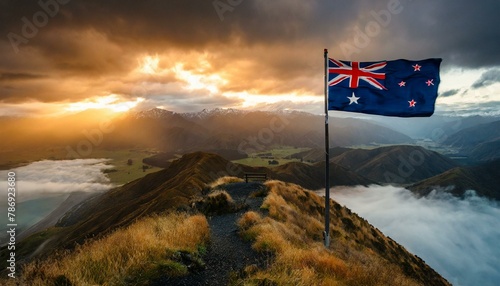 The Flag of New Zealand On The Mountain.
