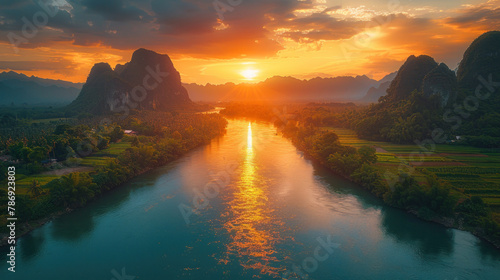 Aerial perspective captures Vang Vieng's beauty at dusk. © tong2530