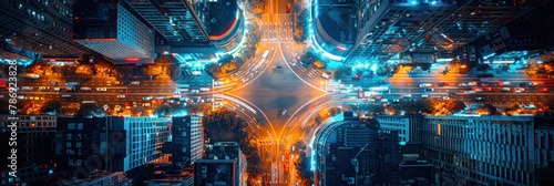 Aerial view of Thailand's city road traffic at night.