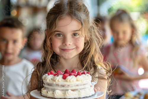 cute smiling little girl holds a birthday creamy cake at funny party with friends