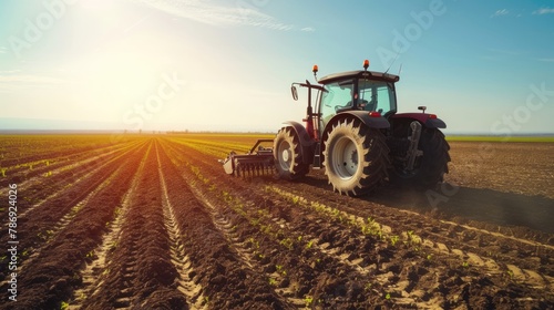 A modern tractor plows through an expansive agricultural field, preparing the soil for a new planting season under a clear sky. AIG41 photo