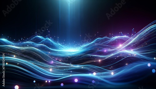 A digitally inspired abstract design depicting a futuristic landscape with glowing streams that represent data flow across a network.