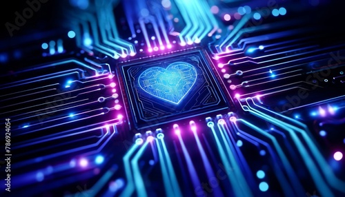A digital or tech-inspired abstract design featuring an array of neon blue and purple circuit lines converging into a glowing, digital heart symbol in. © FantasyLand86