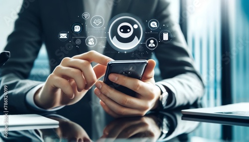 Close-up of hands holding a smartphone with a chatbot interface on the screen, icons of customer service tools like email, chat, and phone surrounding. photo