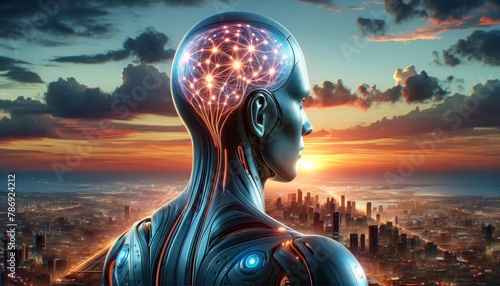 A close-up of the back view of a humanoid android gazing into the horizon where the sun meets the city, with its head turned slightly to reveal a netw.