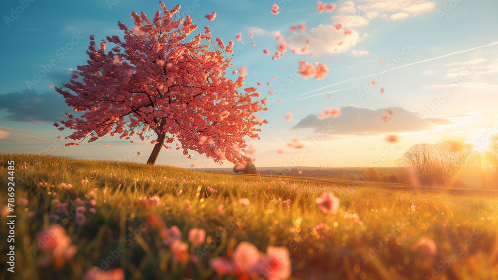 landscape with cherry blossom and sunset sky landscape with cherry blossom and sunset sky