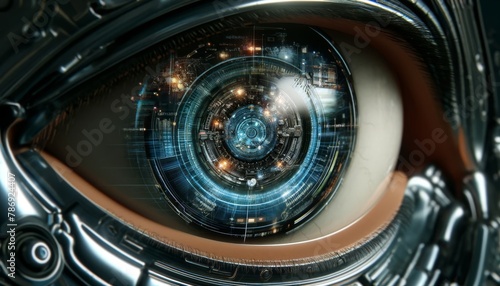 A cyborg eye in extreme close-up, showing a digital iris adjusting with precision, reflecting complex code or data streams.