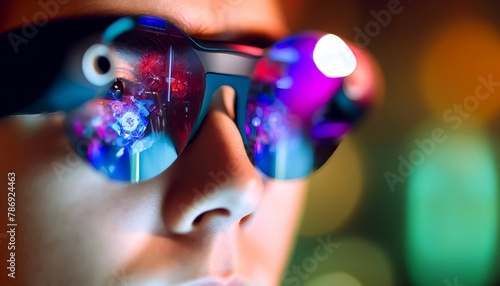 A close-up of someone wearing augmented reality glasses, with reflections of vibrant, digital graphics visible on the lenses.