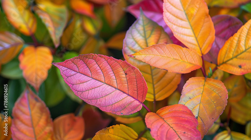 A close up of a bush with green, yellow, orange, and red leaves.