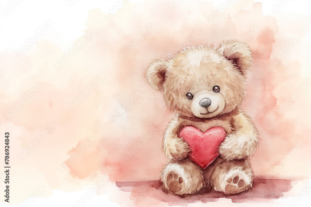 Watercolor bear holding a heart. Valentine's Day card. Cute baby illustration Watercolor bear holding a heart. Valentine's Day card. Cute baby illustration