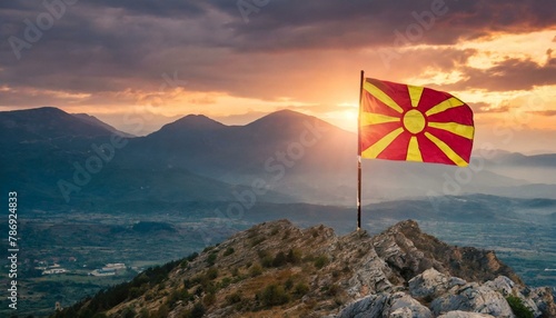The Flag of North Macedonia On The Mountain.