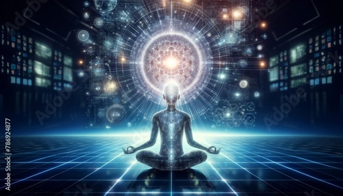 Visualizing a person seated in a lotus position, suggesting meditation, with a complex array of lights and holographic projections emanating from thei. photo