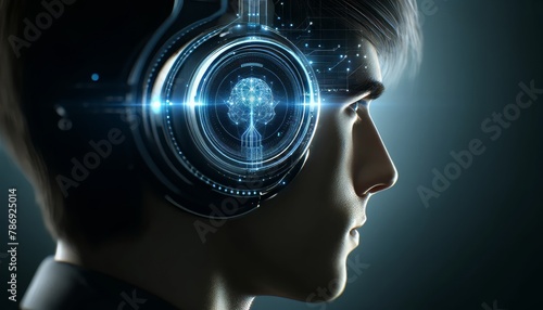 An individual wearing a futuristic headset, with a visible neural link interface activating on the temple, surrounded by a halo of light.