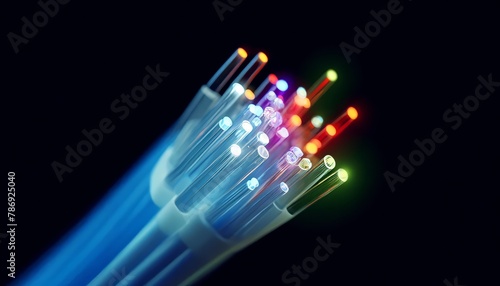 A close-up of fiber optic cables with vibrant streams of light representing data traveling at high speeds.