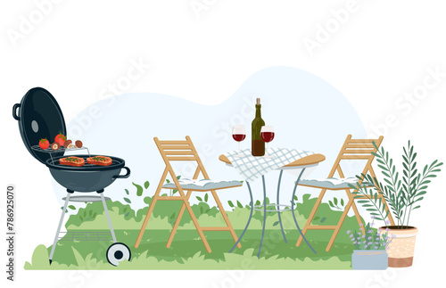 Patio area flat vector illustration. House backyard with cooking grill, green plants, trees. Garden modern furniture for barbecue and picnic. Cartoon outdoor furnished yard for BBQ summer parties
