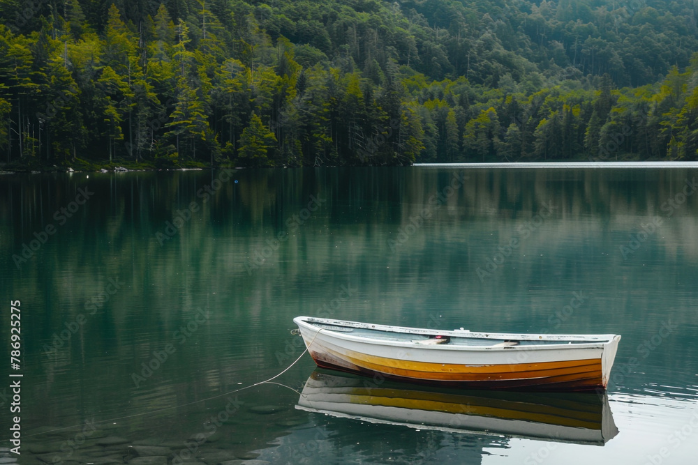 boat on the lake in the forest and green trees boat on the lake in the forest and green trees
