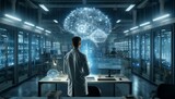 A scientist stands in a modern laboratory, gazing intently at a floating hologram above their work table.