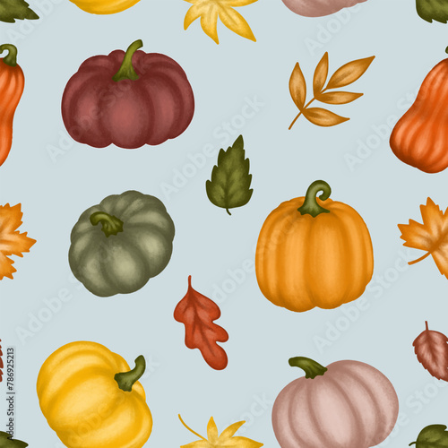 Autumn pumpkins seamless pattern background with leaves, hand made not AI