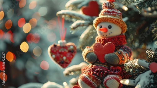 Toy on the Christmas tree with heart shaped garlands in the background