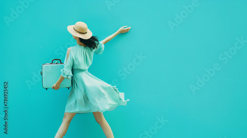 vibrant turquoise traveler with a small suitcase in a dynamic motion, excited for the upcoming trip