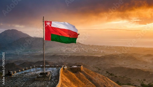 The Flag of Oman On The Mountain.