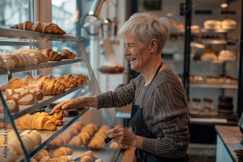A cheerful female baker in an apron hands bread to the customer, who is holding paper bags for takeout or delivery of fresh loaves and pastries at her bakery.