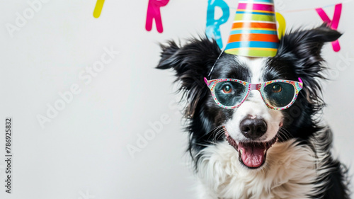 Happy Birthday party concept. Funny cute puppy dog border collie wearing birthday silly eyeglasses and smiling isolated background. Pet dog on Birthday day