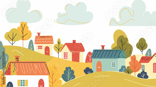 Colorful illustration of country houses on nature background