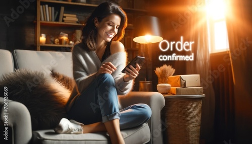 In a cozy and warmly lit room, a woman sits comfortably in a plush armchair, her phone in one hand as she excitedly confirms a purchase. photo