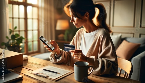 A woman in casual home attire, with her hair tied back, sits at a wooden desk with a smartphone and credit card in hand. photo