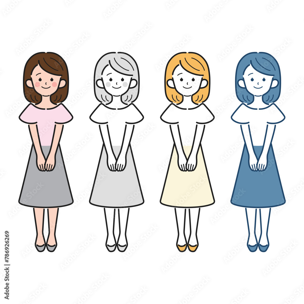 シンプルでかわいい社会人女性の全身ベクターイラスト、OL、オフィスカジュアル シンプルでかわいい社会人女性の全身ベクターイラスト、OL、オフィスカジュアル