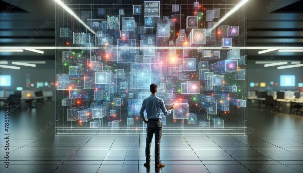 A person standing in a high-tech environment in front of a large, interactive touchscreen that spans from floor to ceiling. A person standing in a high-tech environment in front of a large, interactive touchscreen that spans from floor to ceiling.