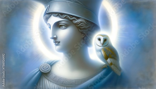 A close-up of Athena, the Greek goddess of wisdom, portrayed with a serene and noble expression, an ethereal light casting a soft glow on her features. © FantasyLand86