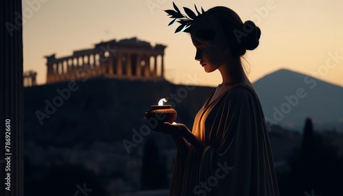 A serene image of a woman adorned with a simple laurel wreath, gazing thoughtfully at a flame she holds within a small terracotta lamp, the acropolis .
