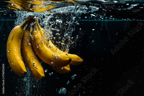 banana  captured in an explosive water splash, showcasing their vibrant colors against a dramatic black background.