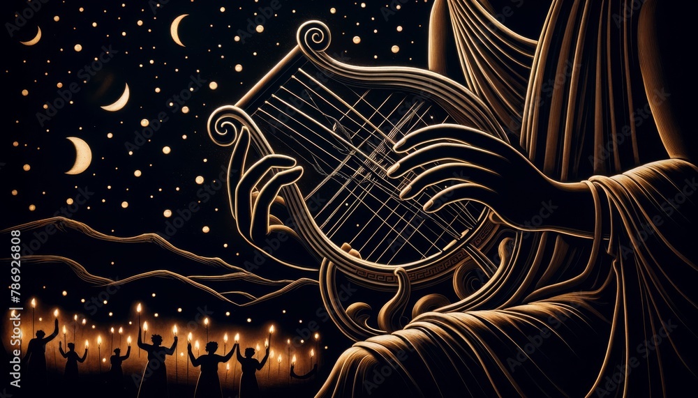 An ancient Greek lyre player is the central figure, with fingers delicately plucking the strings against a backdrop of a starlit night sky. An ancient Greek lyre player is the central figure, with fingers delicately plucking the strings against a backdrop of a starlit night sky.
