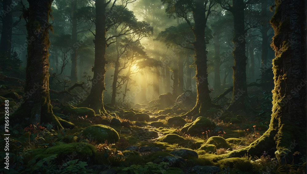 rays of light in the forest - obrazy, fototapety, plakaty 