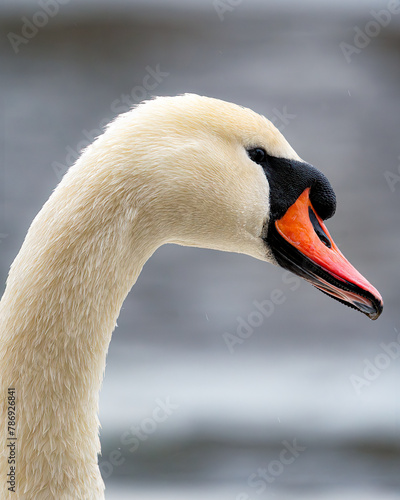 Helsinki, Finland - April 2nd 2024: Close-up of a mute swan's head and bright orange beak. 