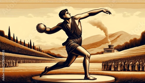 An Olympic athlete in ancient Greece, captured in the dynamic act of throwing a discus.