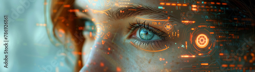 Close-up of a woman's face with a blue eye reflecting a futuristic digital interface, symbolizing advanced technology integration..