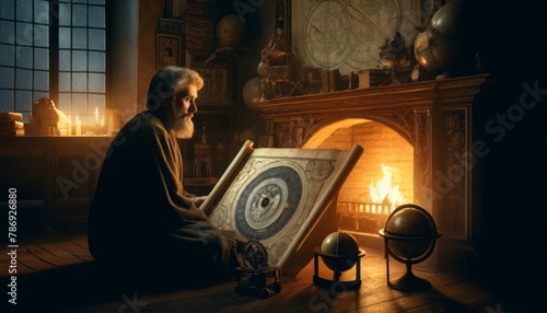 Beside a crackling fireplace, an ancient scholar studies a complex astronomical chart, a look of curiosity on his face. photo