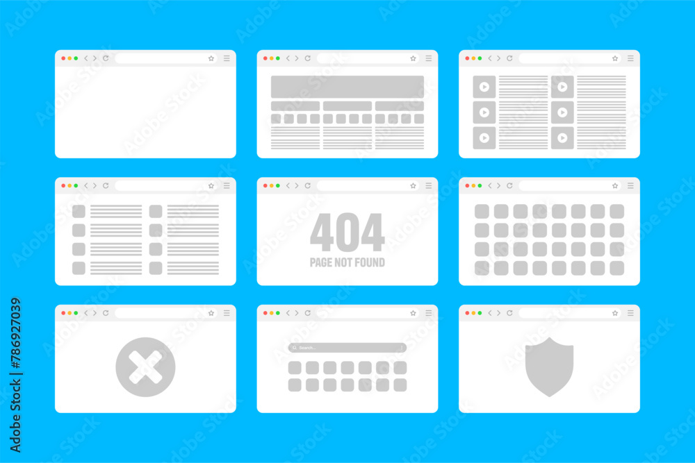 Web browser window, pages layout with toolbar and search field. Modern website, internet page in flat style. Browser mockup for computer, tablet and smartphone. Adaptive UI. Vector illustration Web browser window, pages layout with toolbar and search field. Modern website, internet page in flat style. Browser mockup for computer, tablet and smartphone. Adaptive UI. Vector illustration