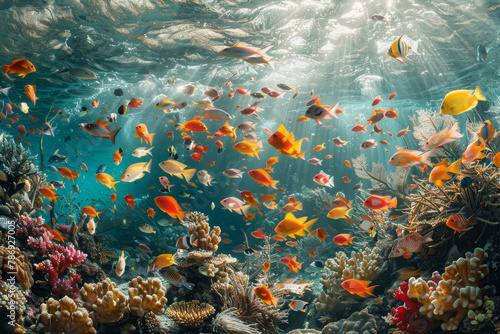 A bustling underwater coral reef ecosystem teeming with colorful tropical fish, showcasing the biodiversity of marine life..