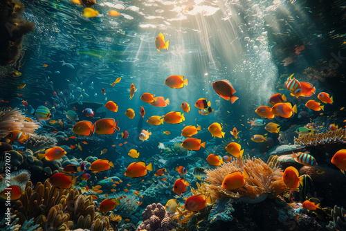 A bustling underwater coral reef ecosystem teeming with colorful tropical fish, showcasing the biodiversity of marine life.. © bajita111122