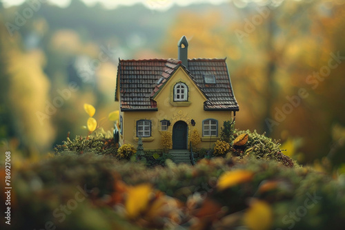 a cozy small house, the smallest house ever, tilt-shift, old-fashioned picture without blare photo