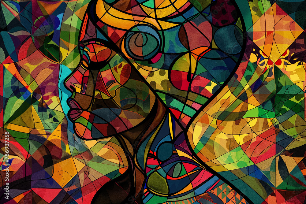 A colorful, abstract depiction of a woman's profile, enriched with intricate patterns and shapes. A colorful, abstract depiction of a woman's profile, enriched with intricate patterns and shapes.