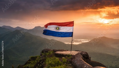 The Flag of Paraguay New Guinea On The Mountain. photo